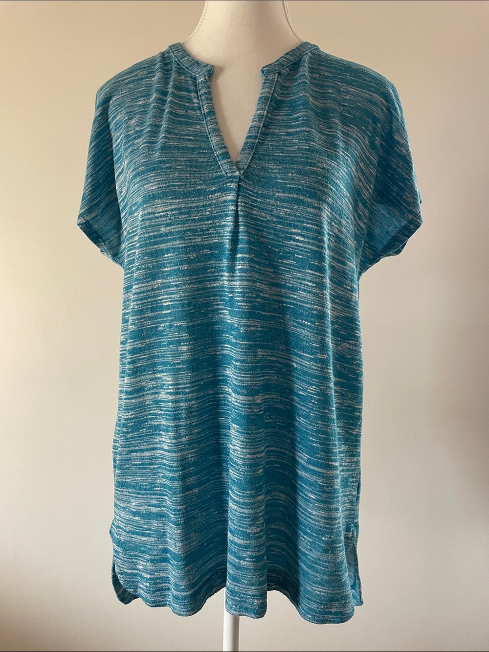 Liz Claiborne Space Dye Top Shirt BlouseTunic Split Neck Teal Women's Medium
